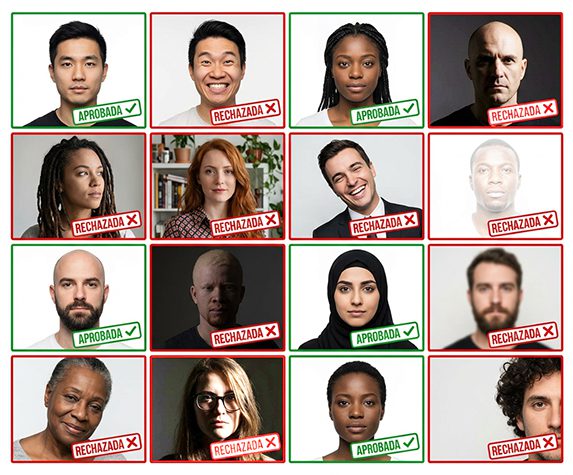 Ejemplos de fotos para visa americana aprobadas y rechazadas, tomadas en estudio fotográfico profesional con cumplimiento de medidas biométricas.